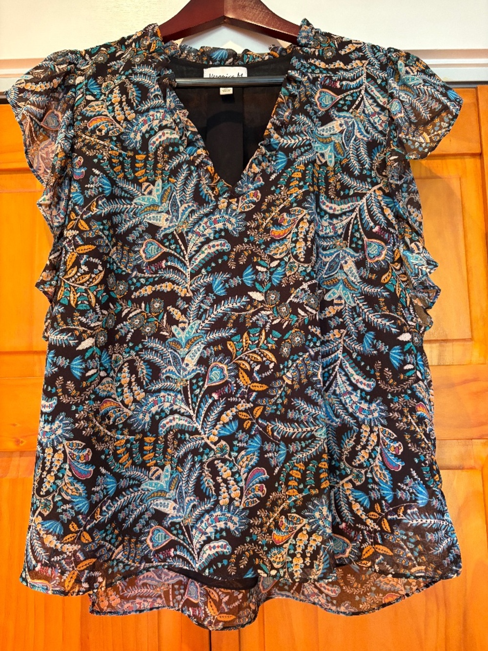 Veronica M Floral Paisley Flutter Sleeveless V-Neck Blouse Size Medium Blue